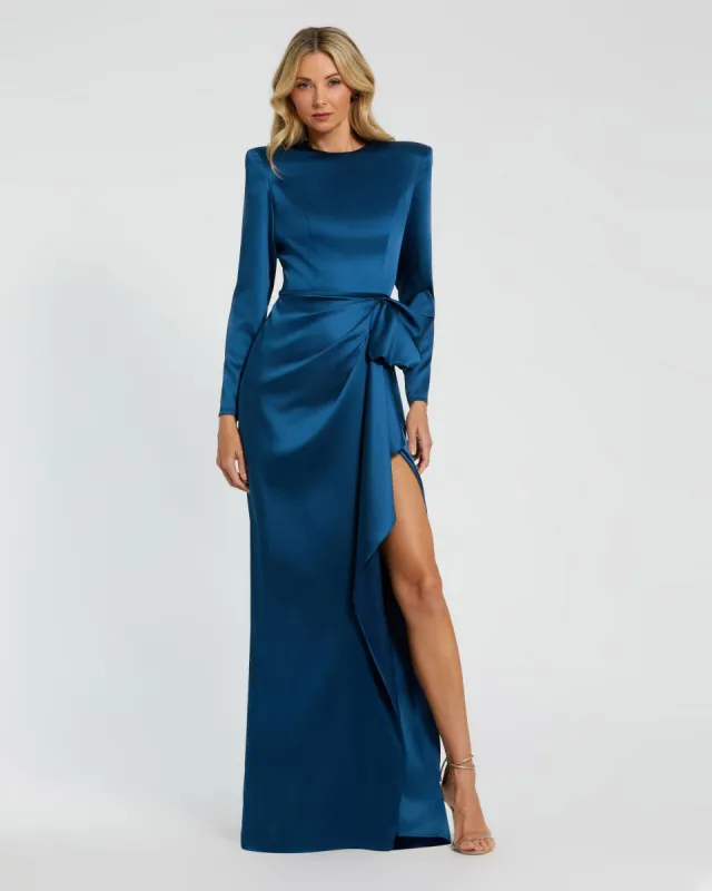 Long Sleeve Structured Satin Bow Draped Column Gown sold by Mac Duggal