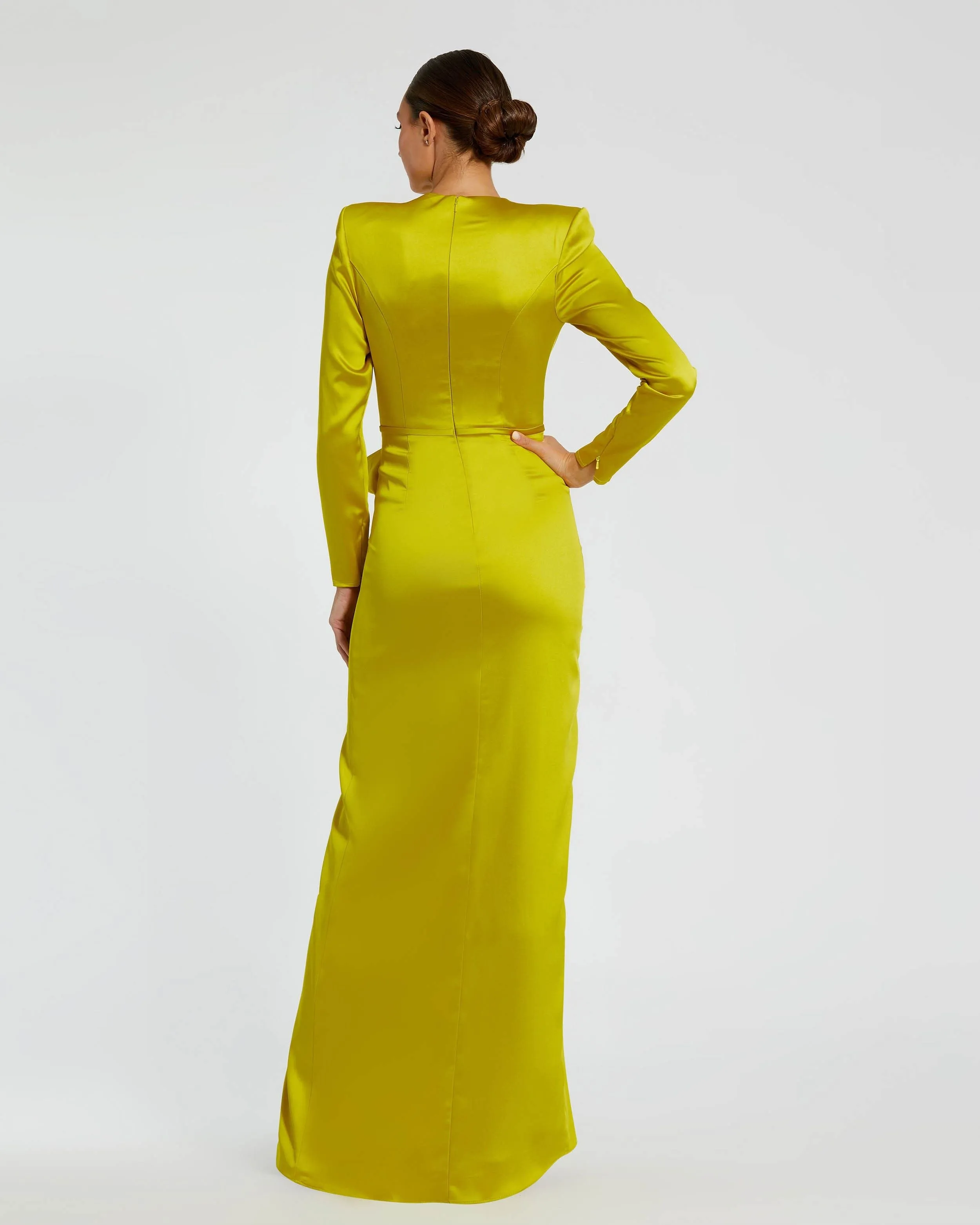 Green Long Sleeve Satin Structured Bow Draped Column Gown sold by Mac Duggal product image thumbnail 3