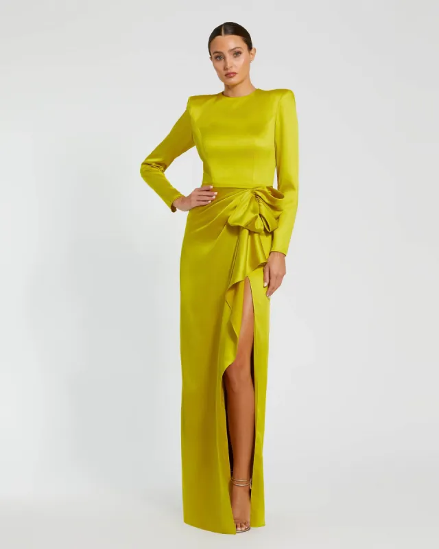 Green Long Sleeve Satin Structured Bow Draped Column Gown sold by Mac Duggal