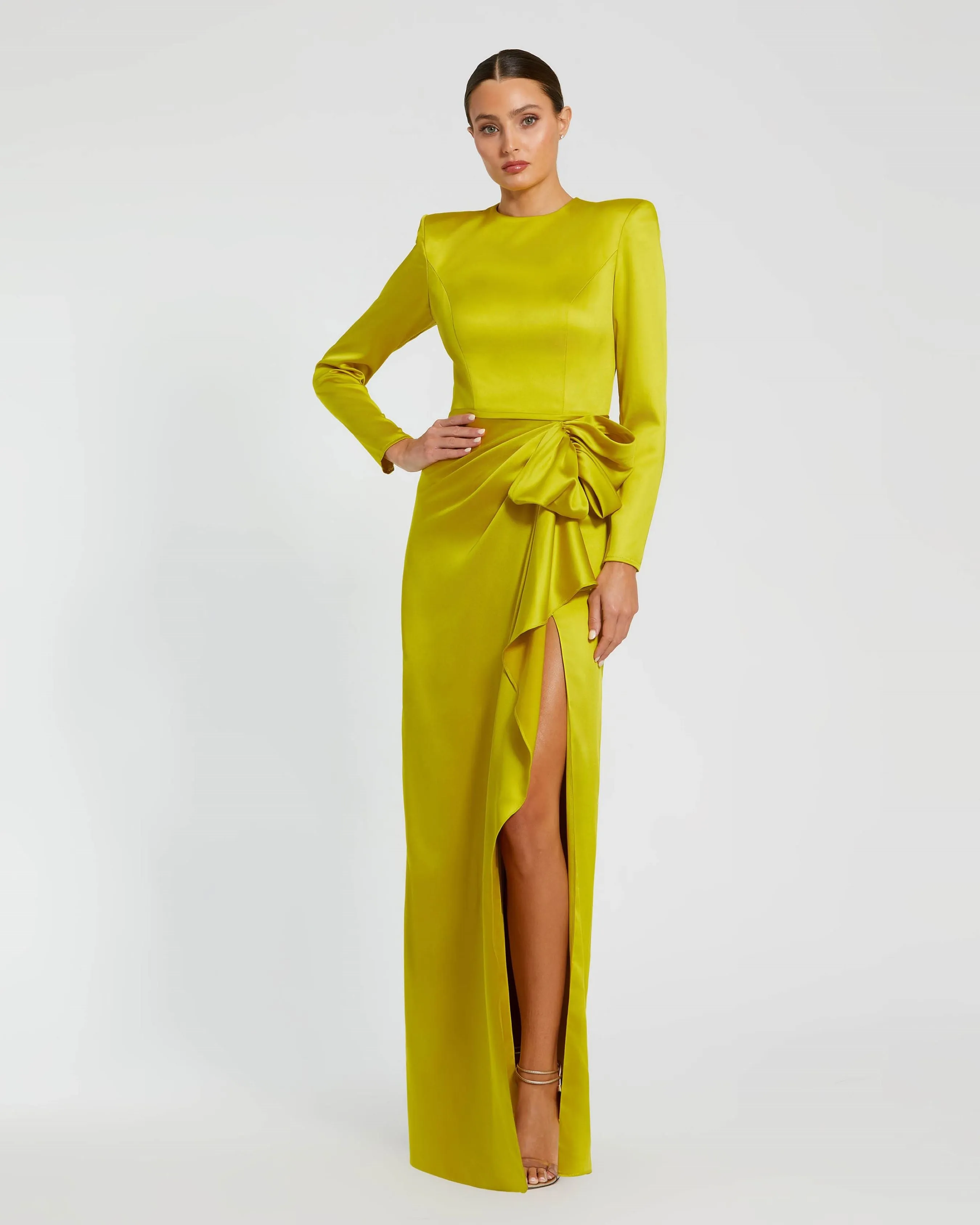 Green Long Sleeve Satin Structured Bow Draped Column Gown sold by Mac Duggal