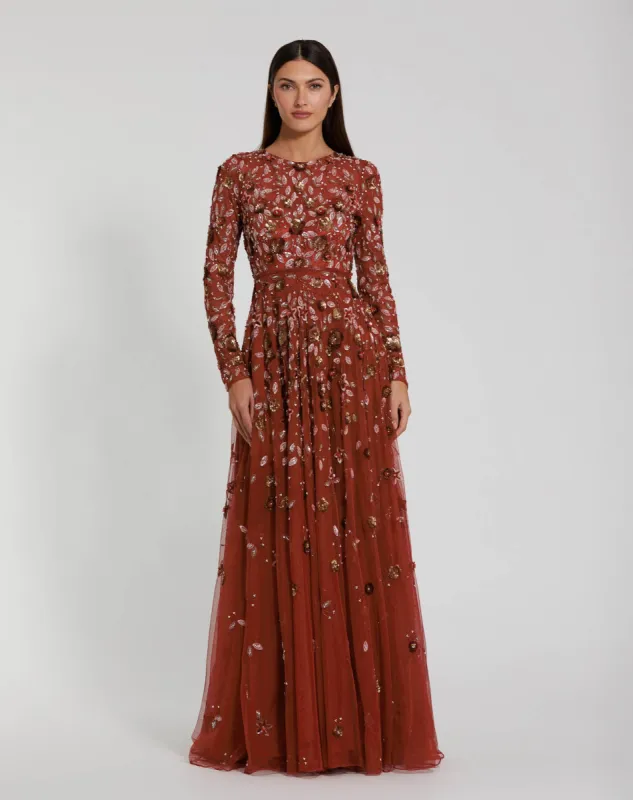 Embellished High Neck Long Sleeve A Line Gown sold by Mac Duggal