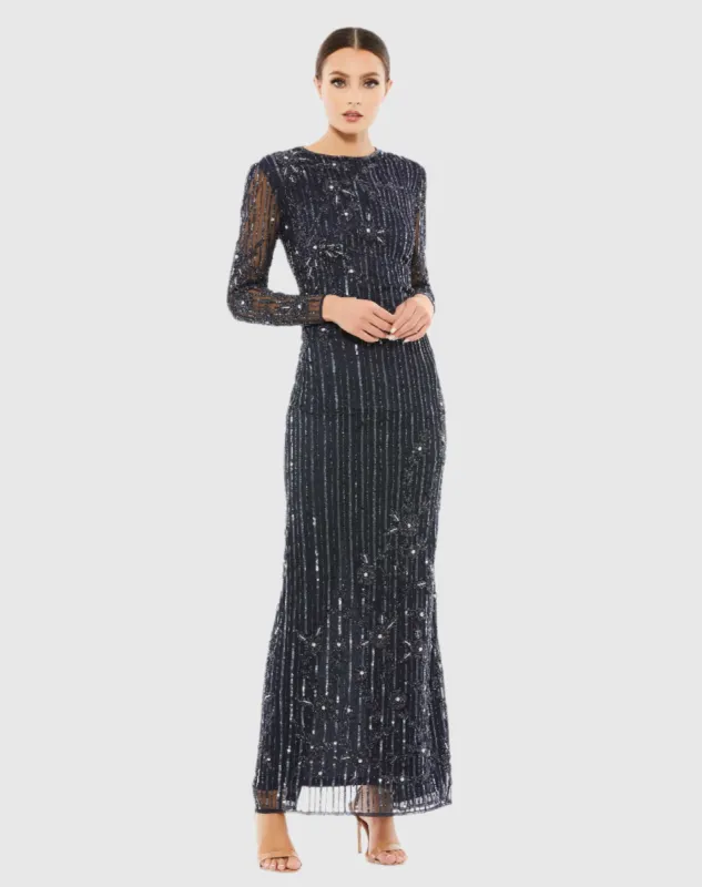 Embellished High Neck Illusion Long Sleeve Gown sold by Mac Duggal