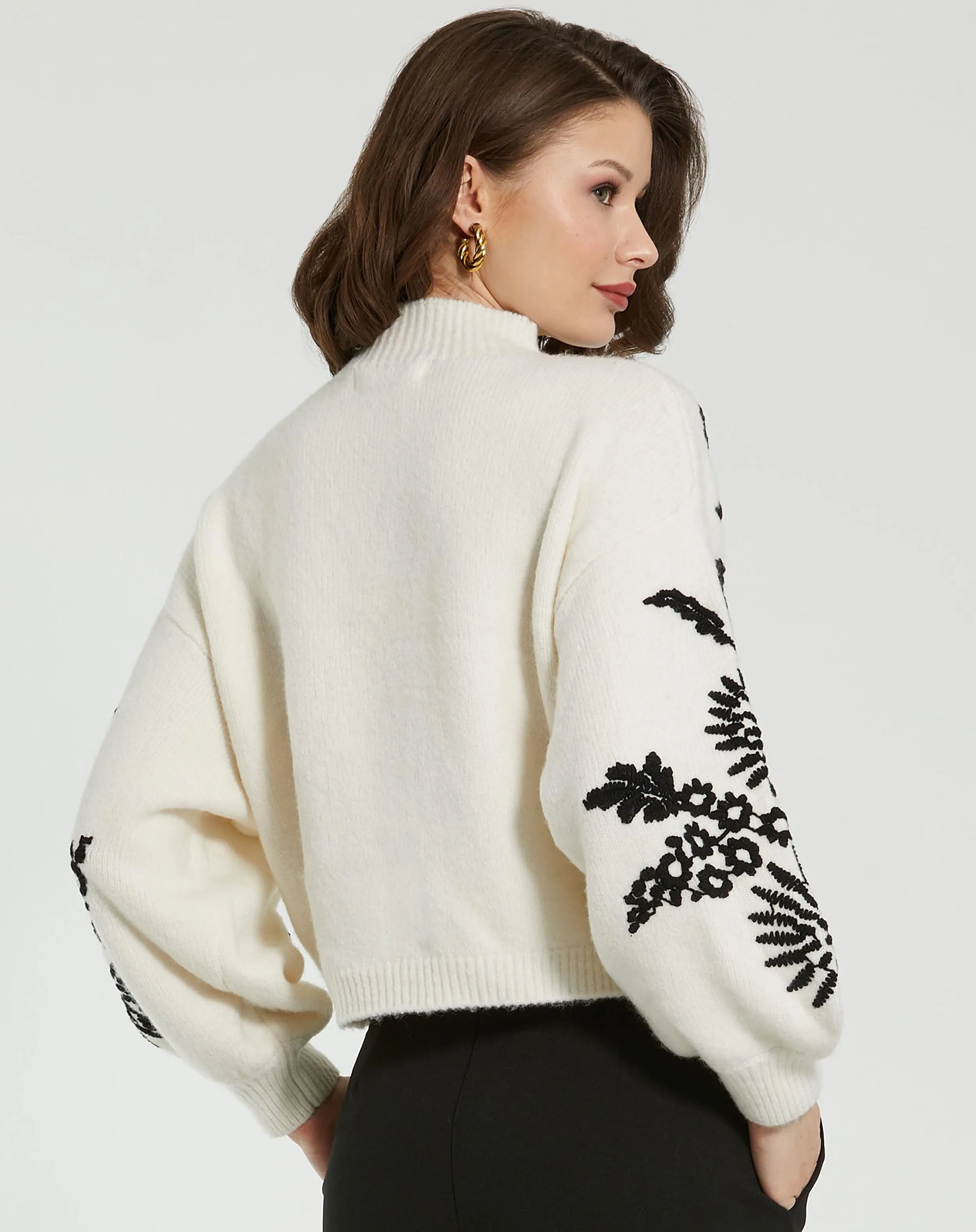 White Balloon Sleeve Cropped Mock Neck Knit Sweater sold by Mac Duggal product image thumbnail 4