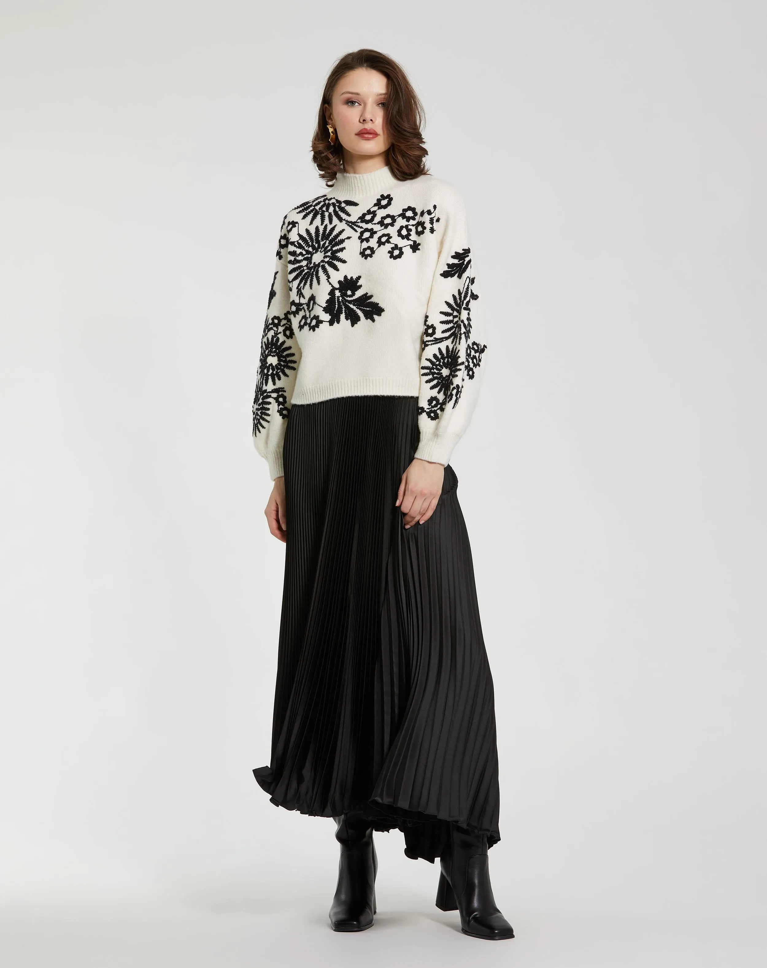 White Balloon Sleeve Cropped Mock Neck Knit Sweater sold by Mac Duggal product image thumbnail 3
