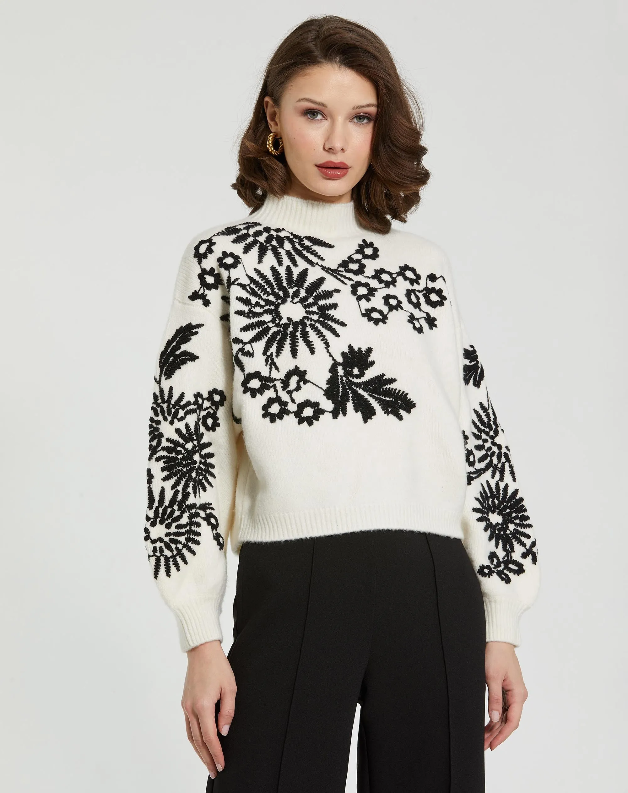 White Balloon Sleeve Cropped Mock Neck Knit Sweater sold by Mac Duggal