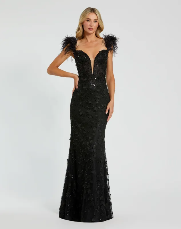 Sheer Applique Bustier Gown with Feather Straps sold by Mac Duggal