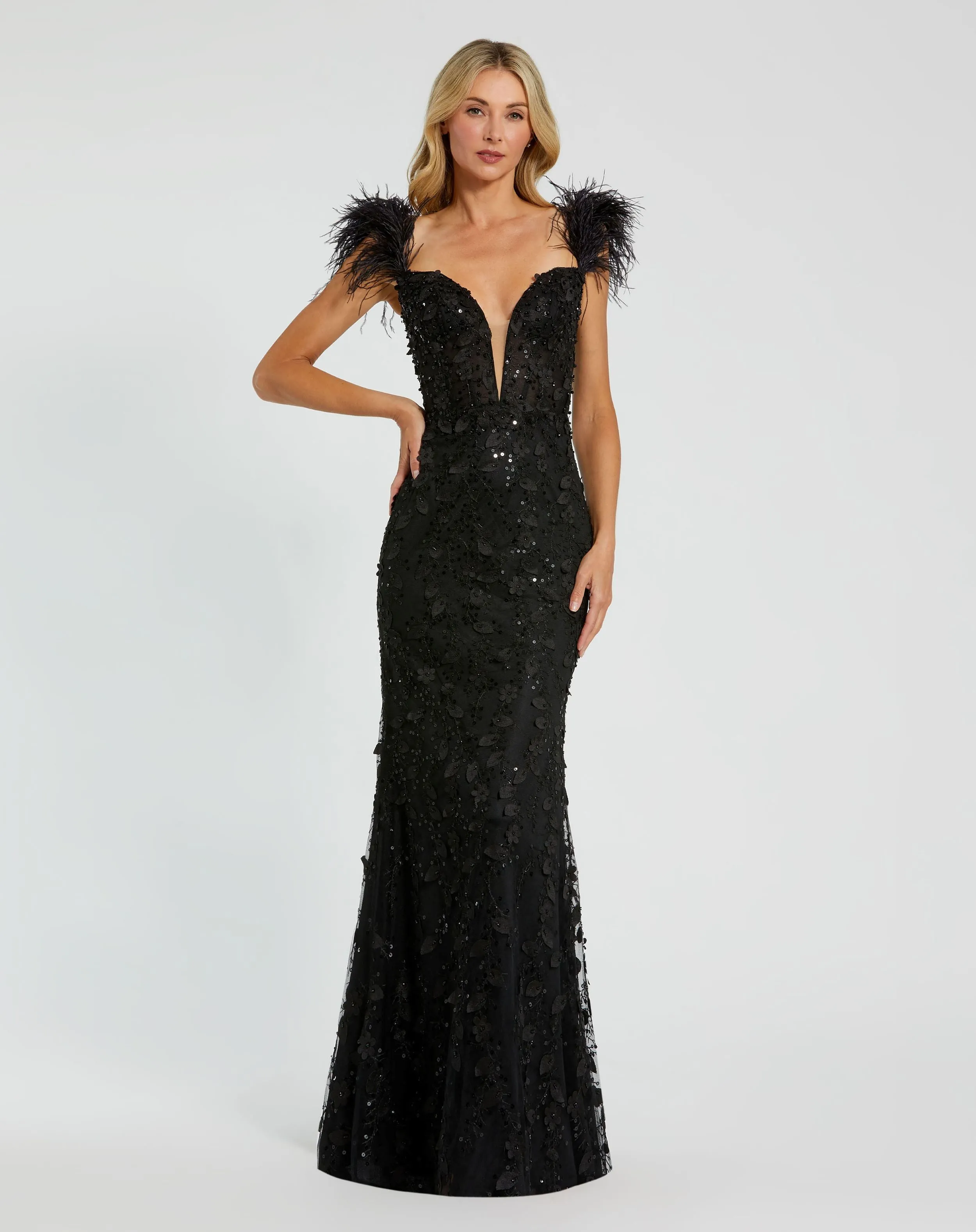 Sheer Applique Bustier Gown with Feather Straps sold by Mac Duggal