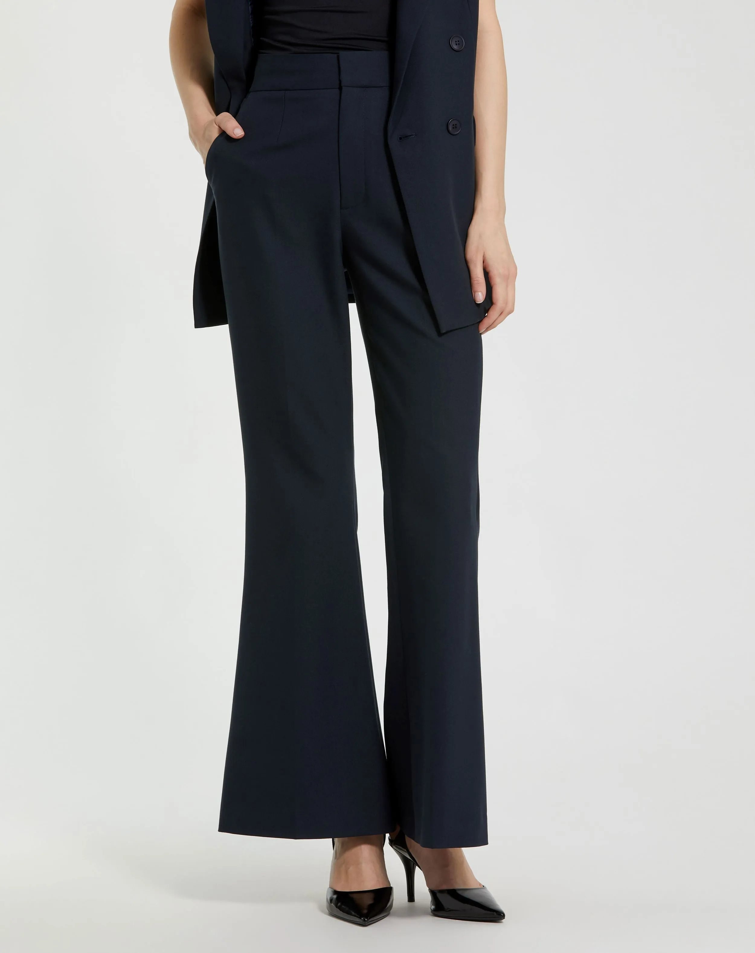 Navy Classic Crepe Flared Trouser Pant sold by Mac Duggal