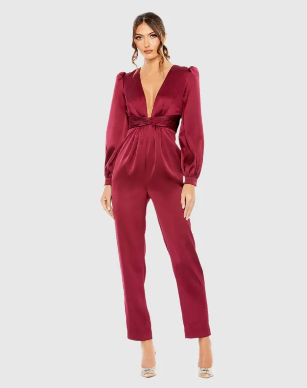Red Front Twist Puff Sleeve Deep V Jumpsuit sold by Mac Duggal