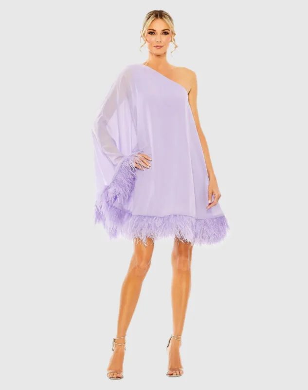 Purple One Shoulder Trapeze Dress with Feather Trim sold by Mac Duggal