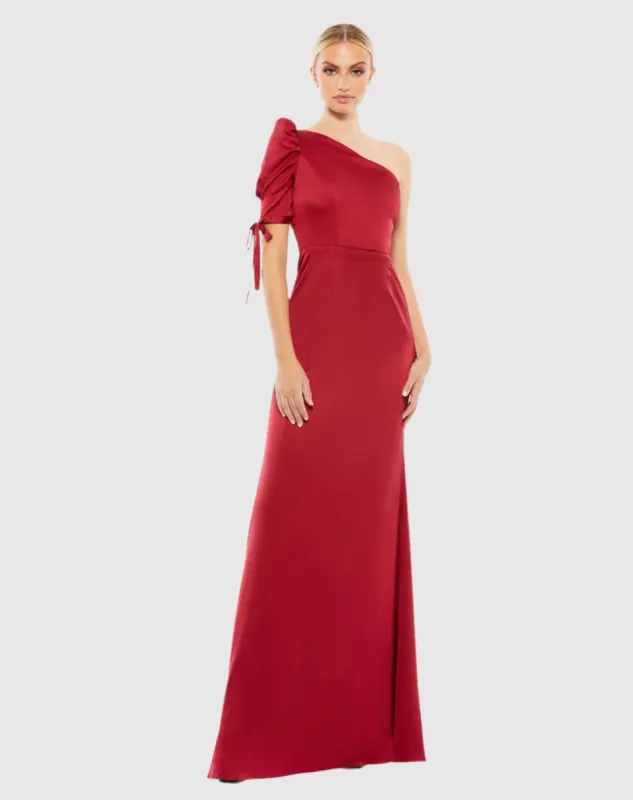 Red Satin One Shoulder Puff Sleeve Trumpet Gown sold by Mac Duggal