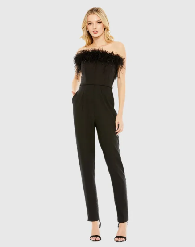 Black Strapless Jumpsuit with Feather Trim sold by Mac Duggal