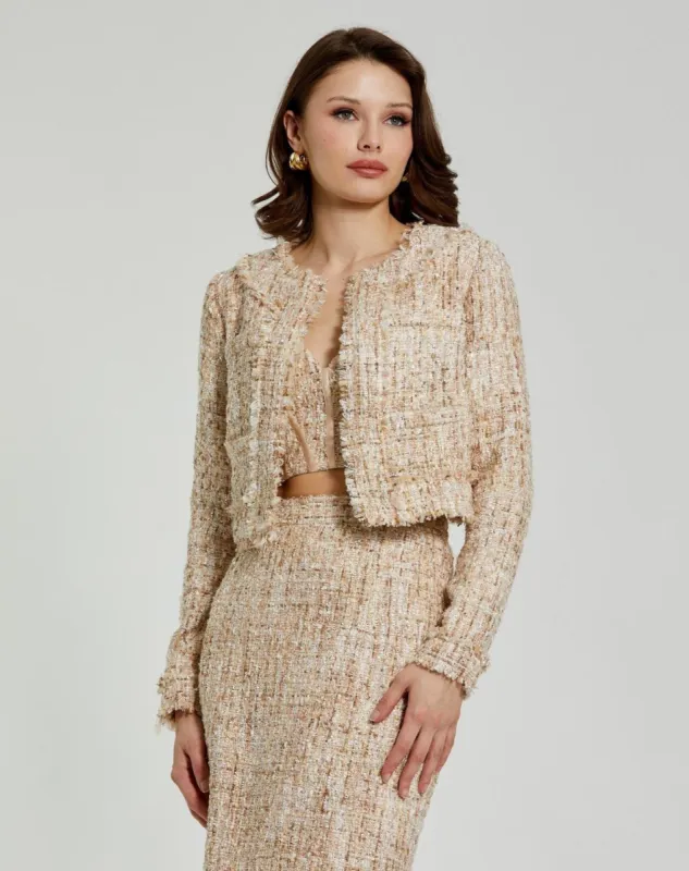Beige Long Sleeve Cropped Boucle Jacket sold by Mac Duggal