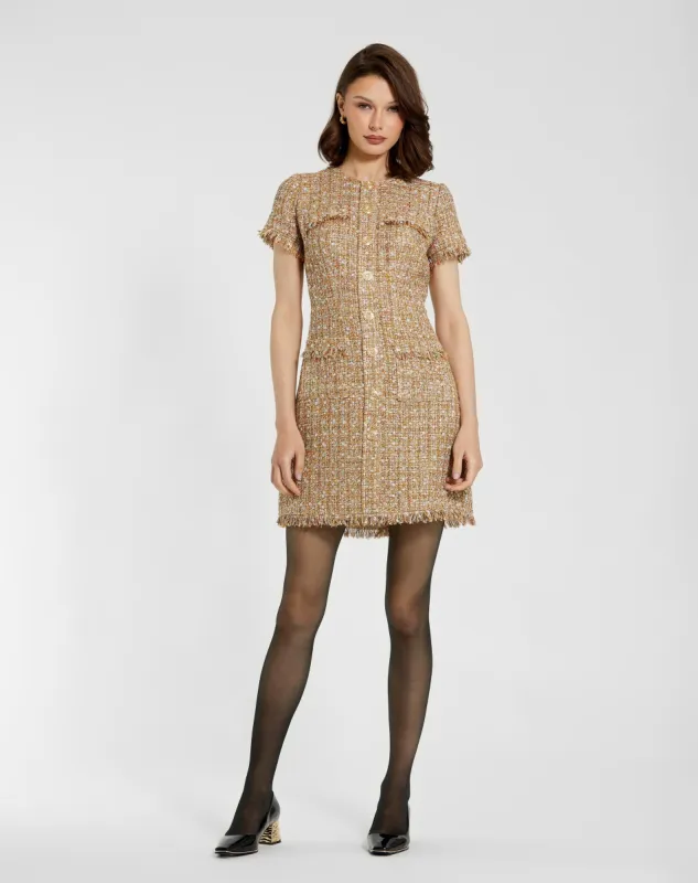 Beige Boucle Short Sleeve Mini Dress With Pockets sold by Mac Duggal