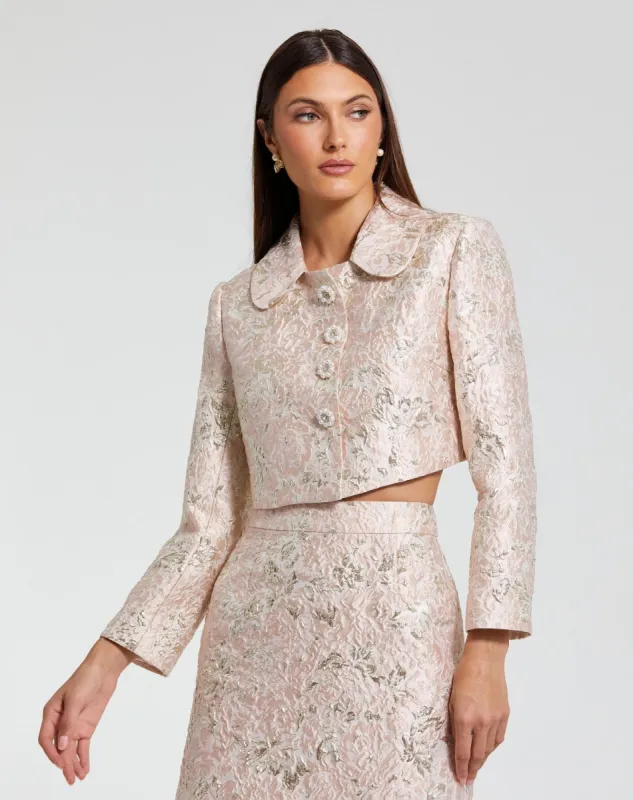Pink Pearl Button Brocade Cropped Jacket sold by Mac Duggal