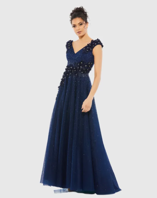 Navy Floral Applique A-Line Evening Gown sold by Mac Duggal