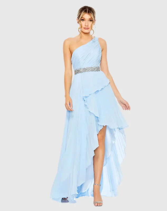 Blue Pleated One Shoulder Asymmetrical Ruffle Hem Gown sold by Mac Duggal