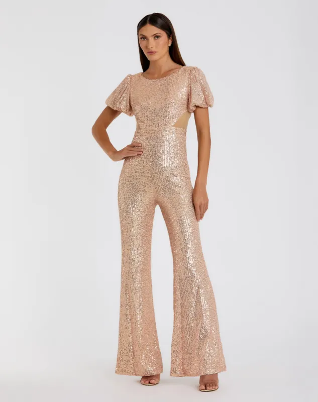Pink Sequined Puff Shoulder Illusion Cut Out Jumpsuit - FINAL SALE sold by Mac Duggal