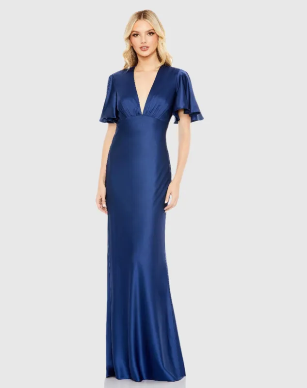 Blue Flounce Sleeve V-Neck Trumpet Gown made by Mac Duggal