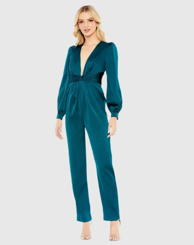 Teal Front Twist Puff Sleeve Deep V Jumpsuit sold by Mac Duggal