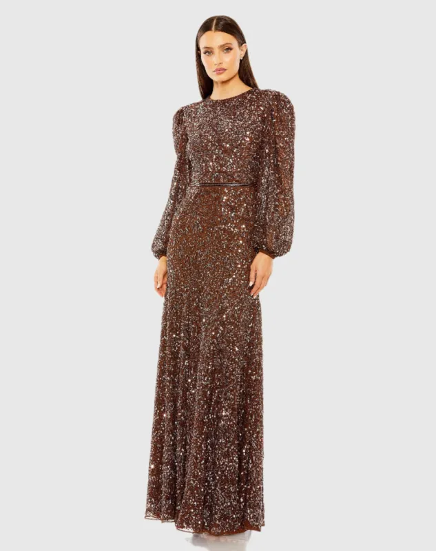 Brown Sheer Long Sleeve Embellished Gown sold by Mac Duggal