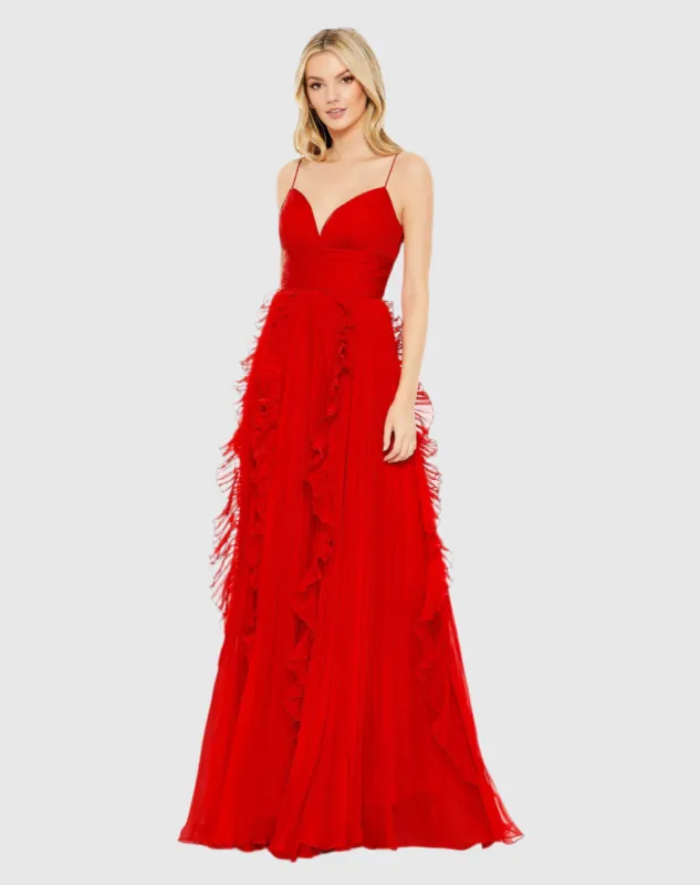 Red Pleated Sleeveless Flowy Gown sold by Mac Duggal