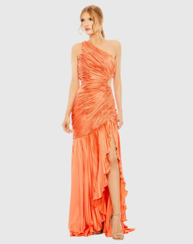 Orange Side Cut-Out One-Shoulder Pleated Gown sold by Mac Duggal