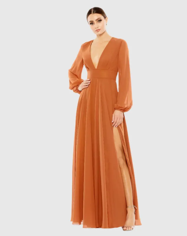 Brown V-Neck Illusion Long Sleeve Chiffon Gown sold by Mac Duggal