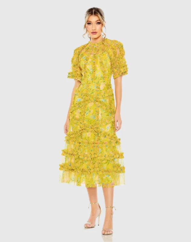 Yellow Floral Flutter Sleeve Mesh Print Dress sold by Mac Duggal