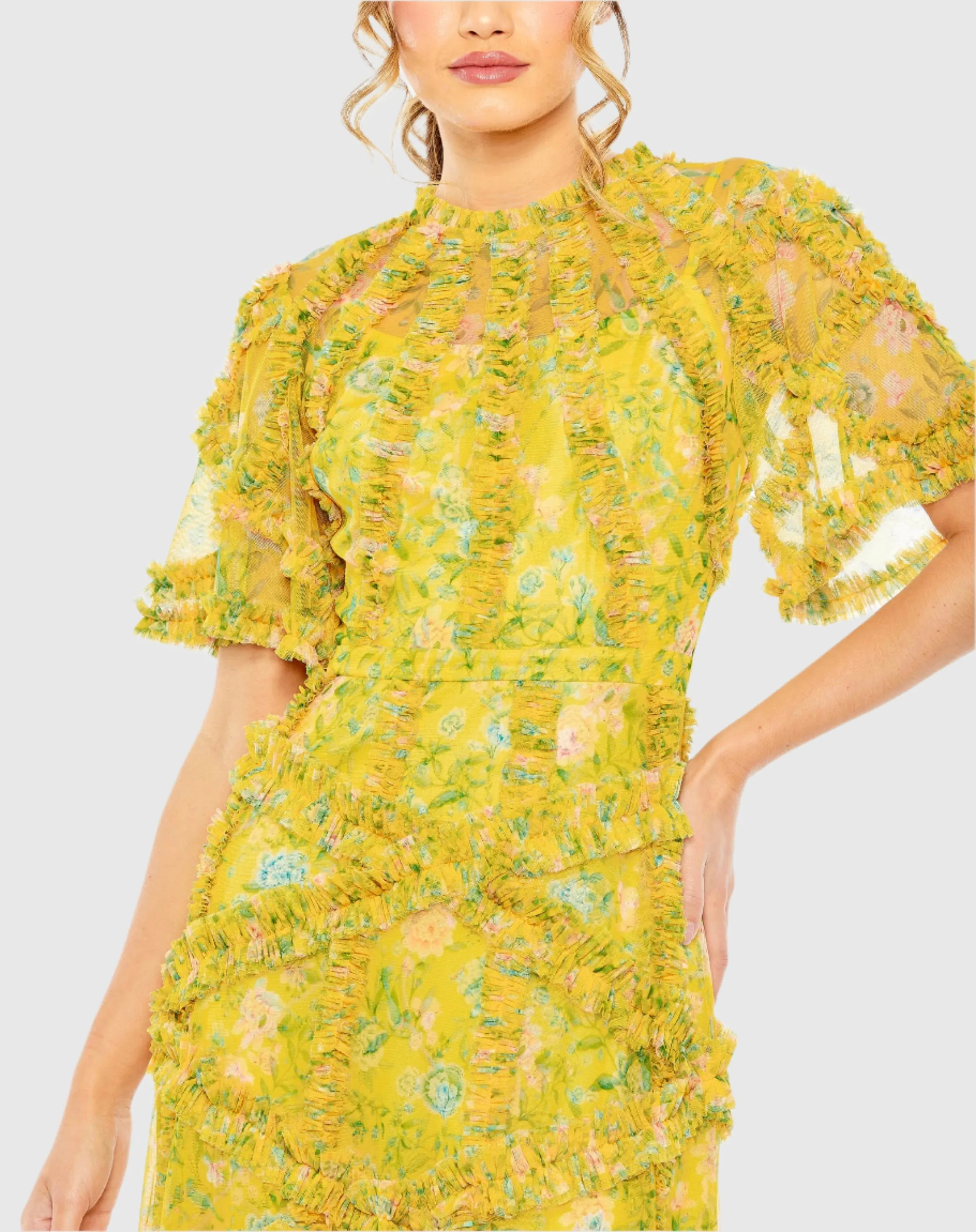 Yellow Floral Flutter Sleeve Mesh Print Dress sold by Mac Duggal product image thumbnail 2