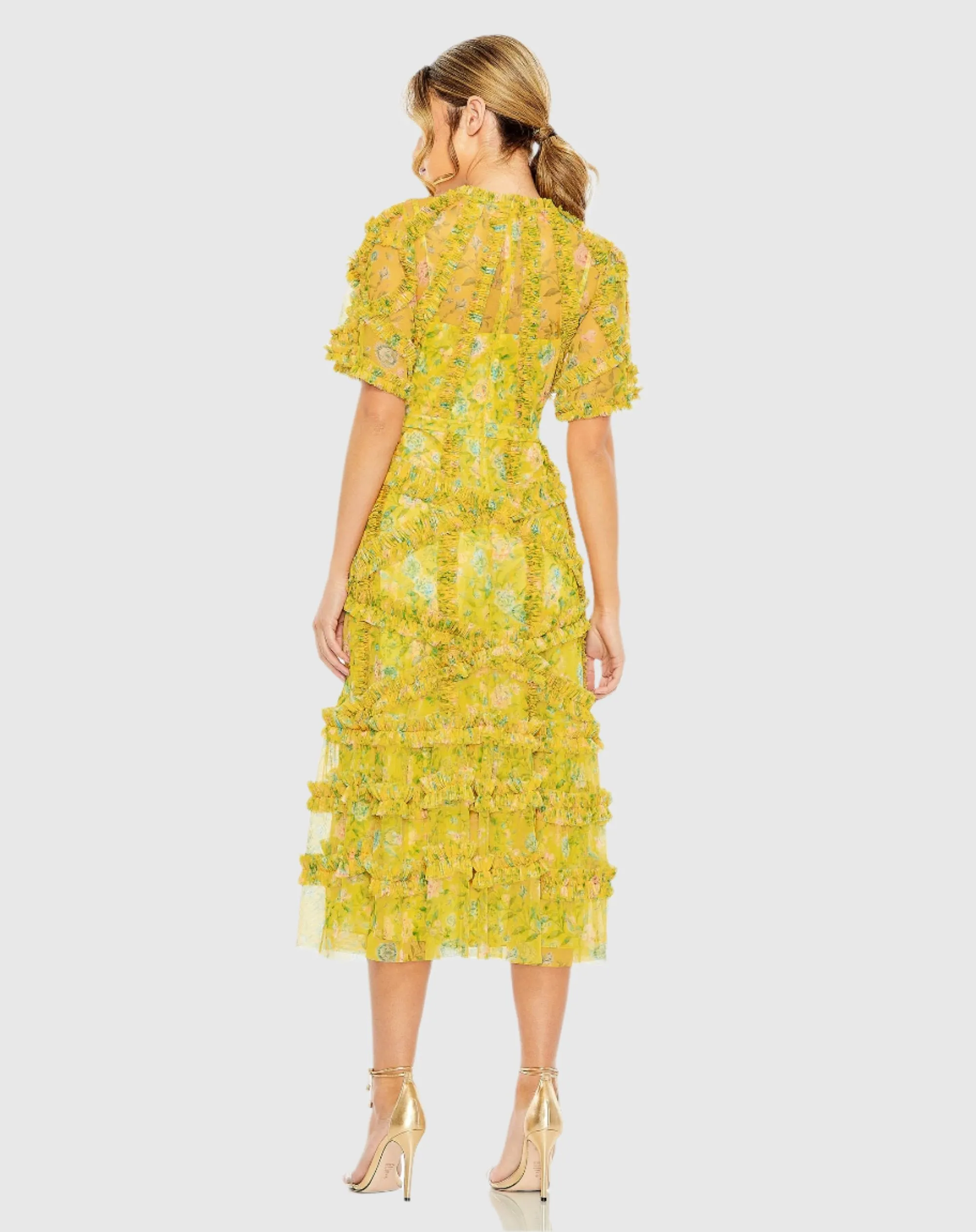 Yellow Floral Flutter Sleeve Mesh Print Dress sold by Mac Duggal product image thumbnail 3