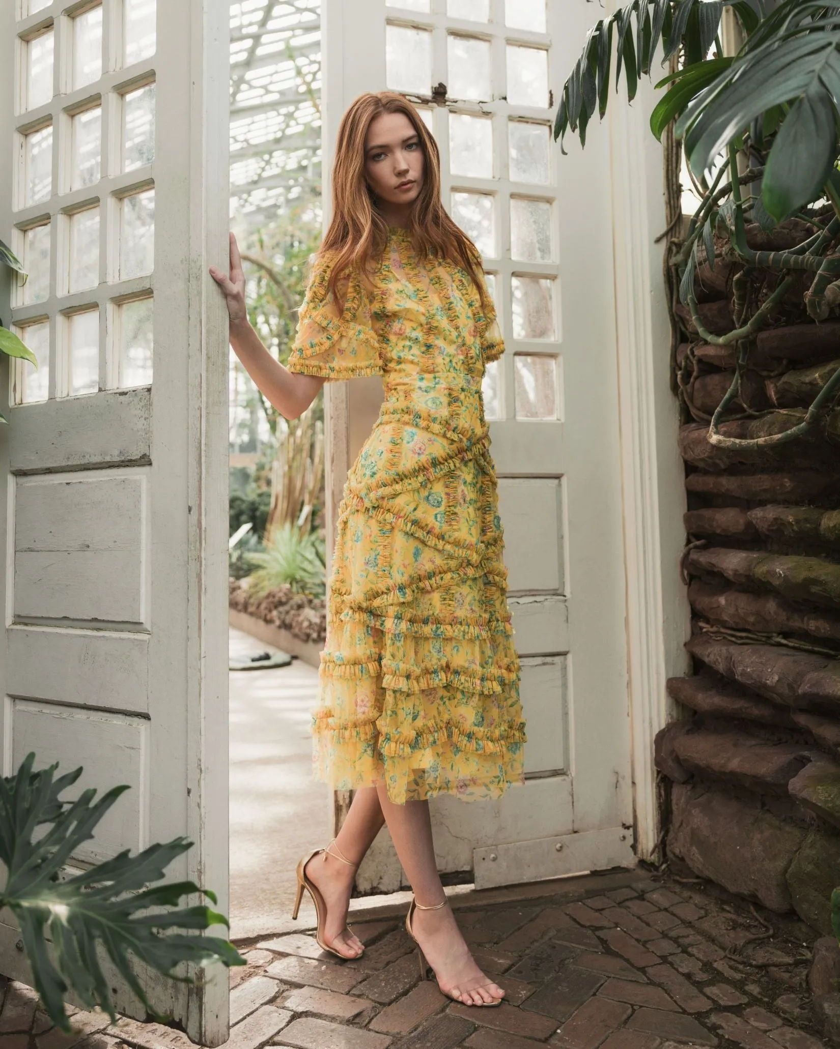 Yellow Floral Flutter Sleeve Mesh Print Dress sold by Mac Duggal product image thumbnail 4