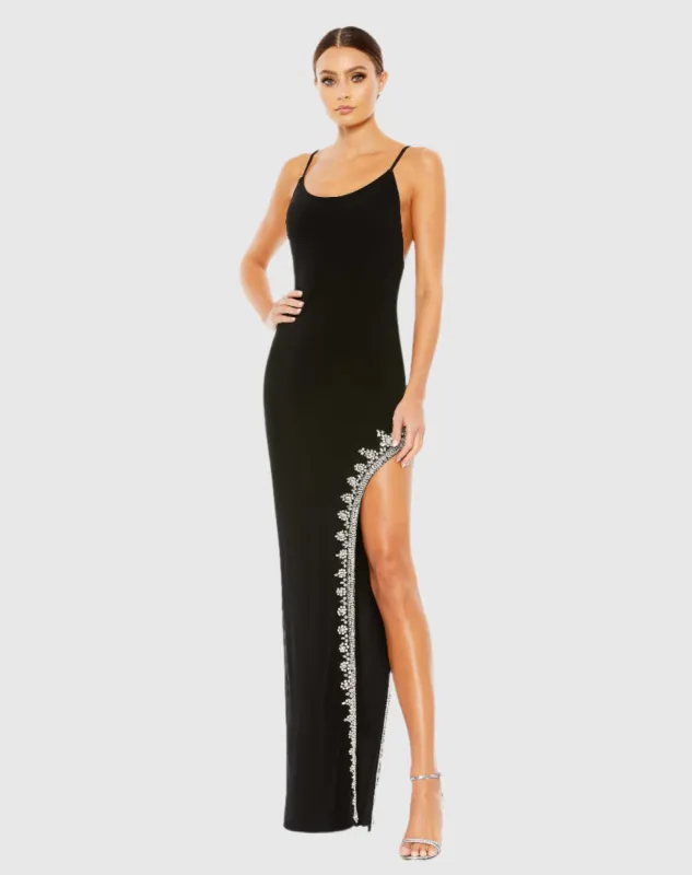 Black Rhinestone Encrusted Side Slit Cami Bodycon Gown sold by Mac Duggal
