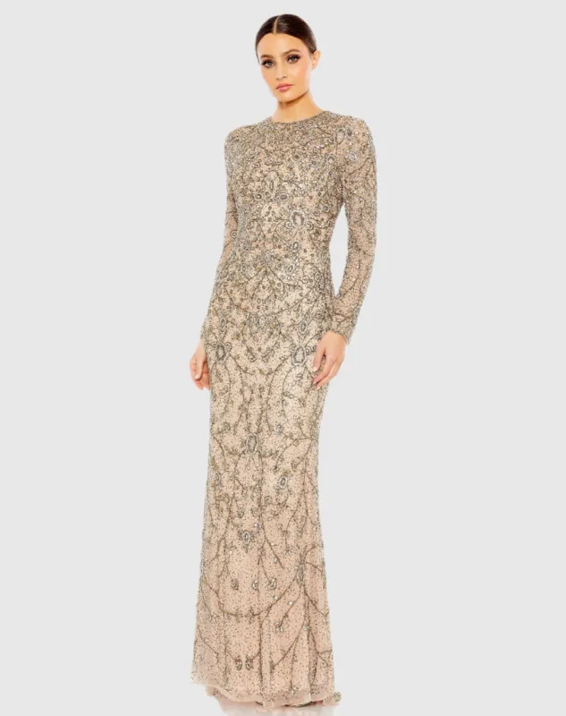 Beige Two Tone Beaded High Neck Long Sleeve Gown sold by Mac Duggal