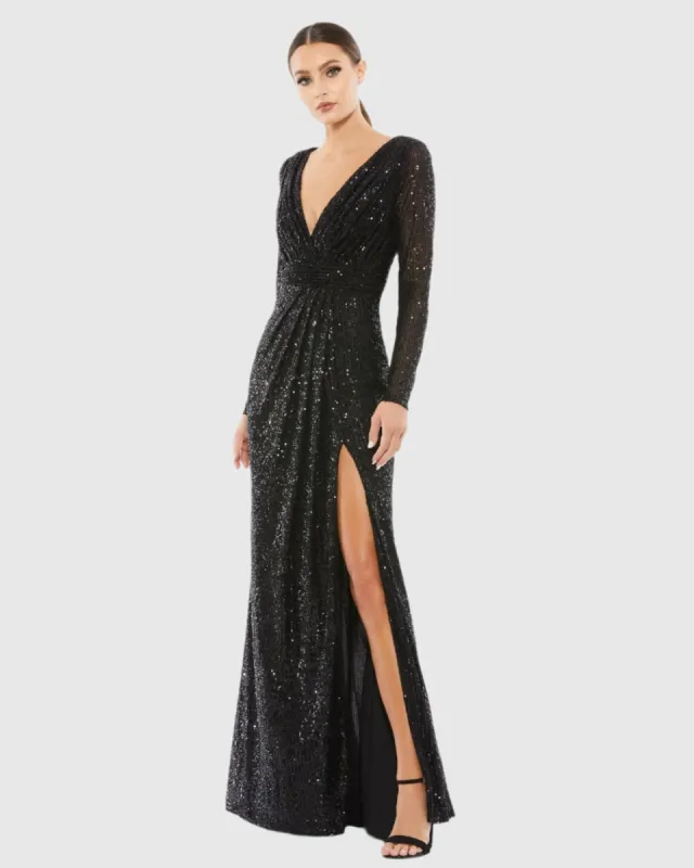 Black Sequined Long Sleeve Gown sold by Mac Duggal