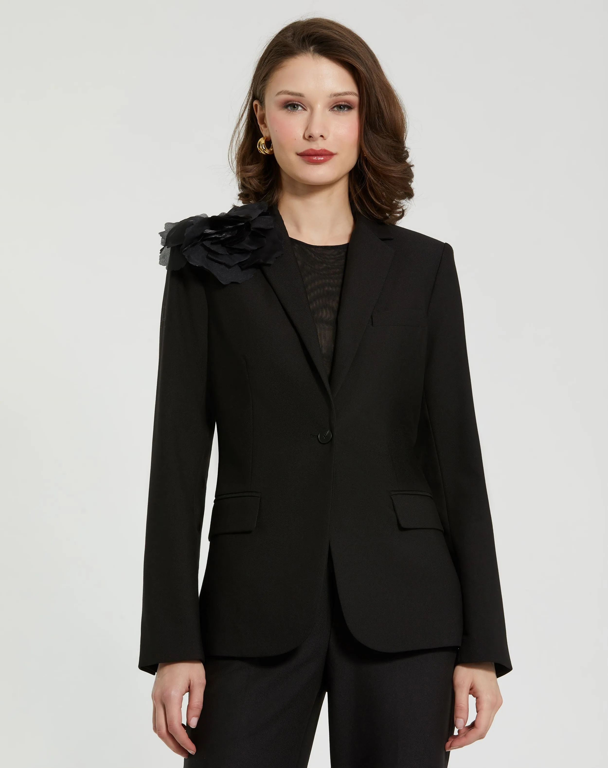 Black Classic Crepe Blazer Jacket With Flower - FINAL SALE sold by Mac Duggal