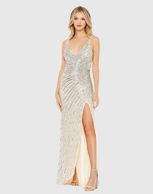 Silver Sequin A Line Gown sold by Mac Duggal
