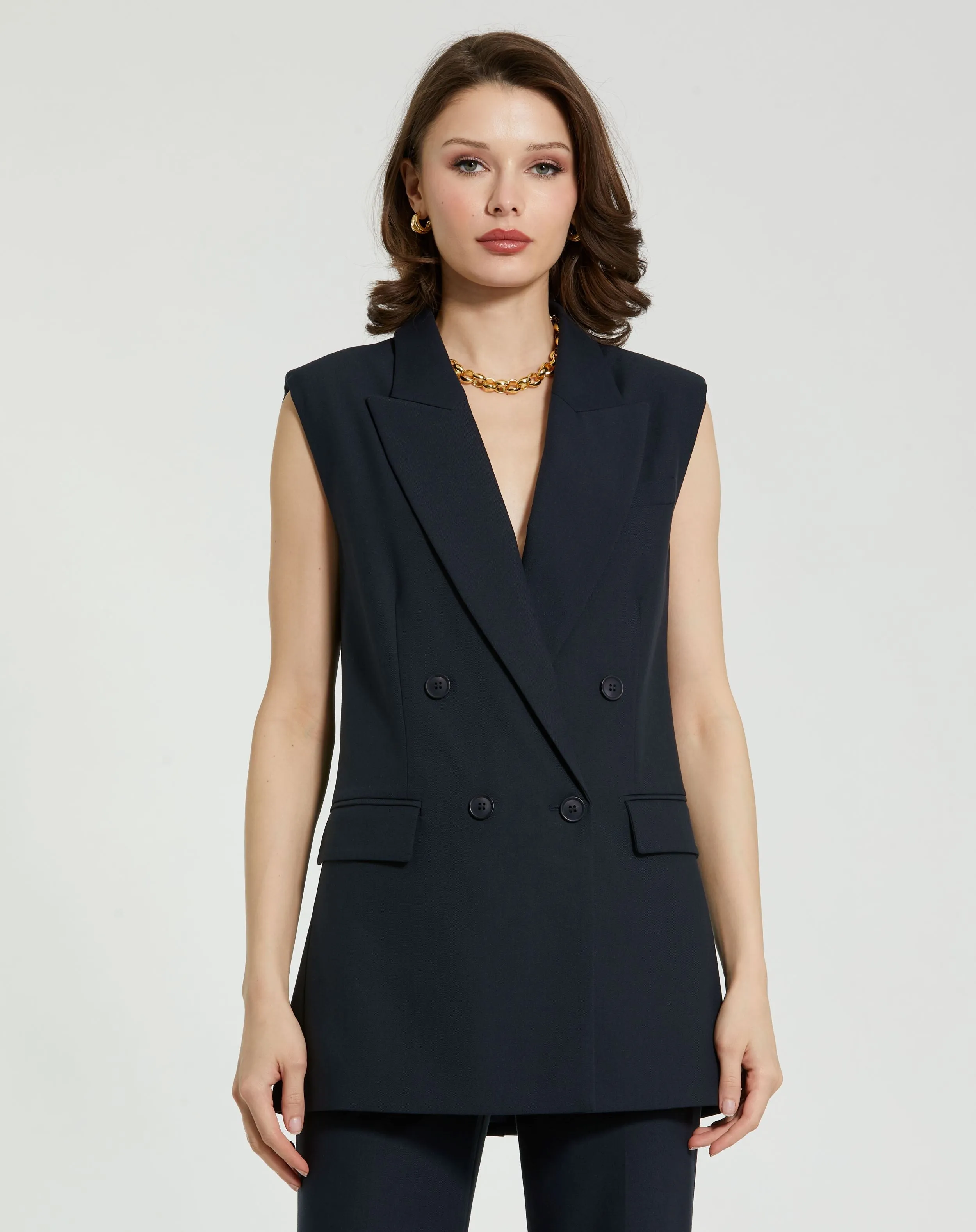 Navy Tailored Crepe Sleeveless Blazer Vest - FINAL SALE sold by Mac Duggal