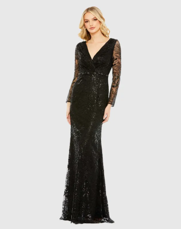 Black Embellished Wrap Over Long Sleeve Gown sold by Mac Duggal