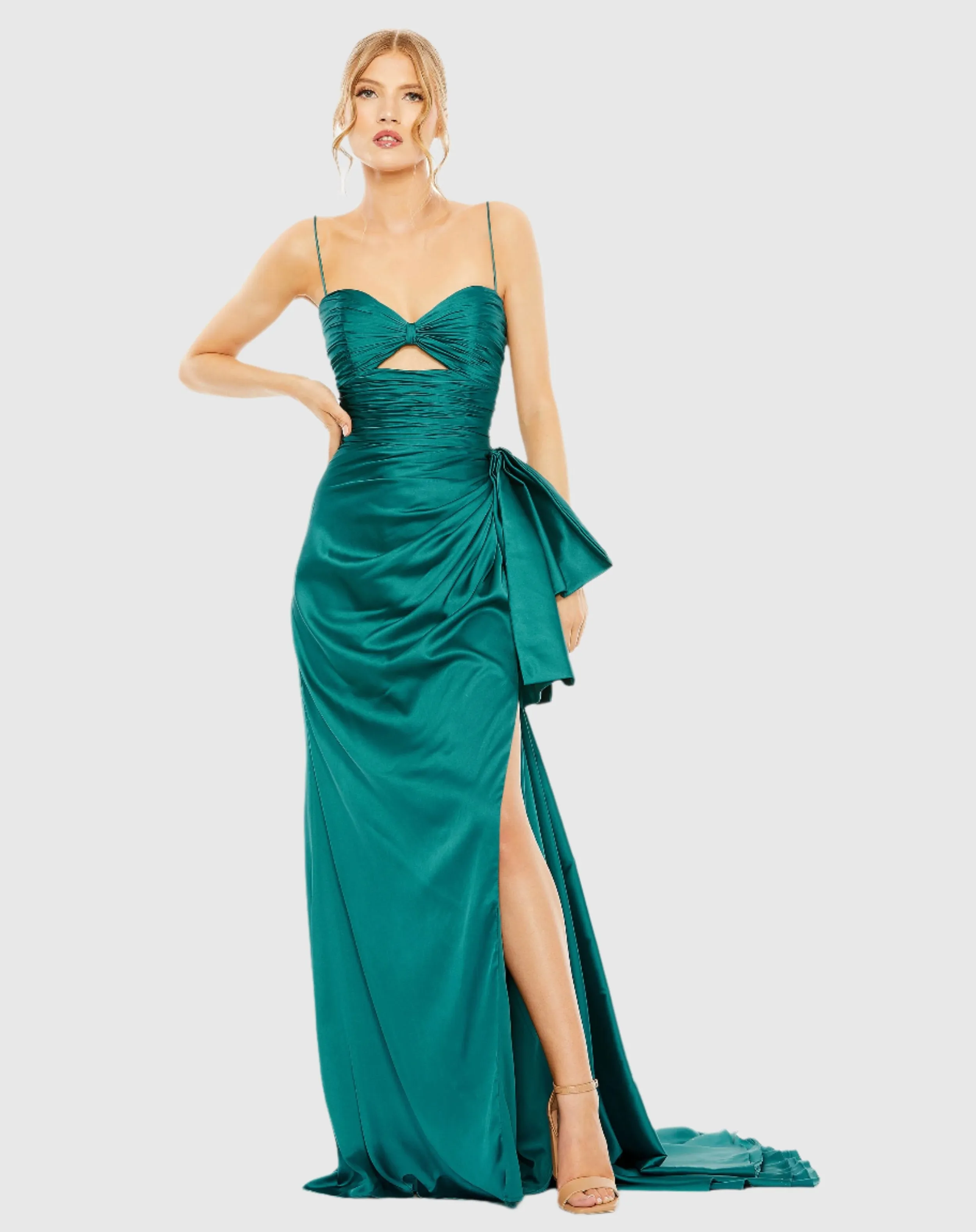 Green Spaghetti Strap Cut Out Side Bow Gown sold by Mac Duggal