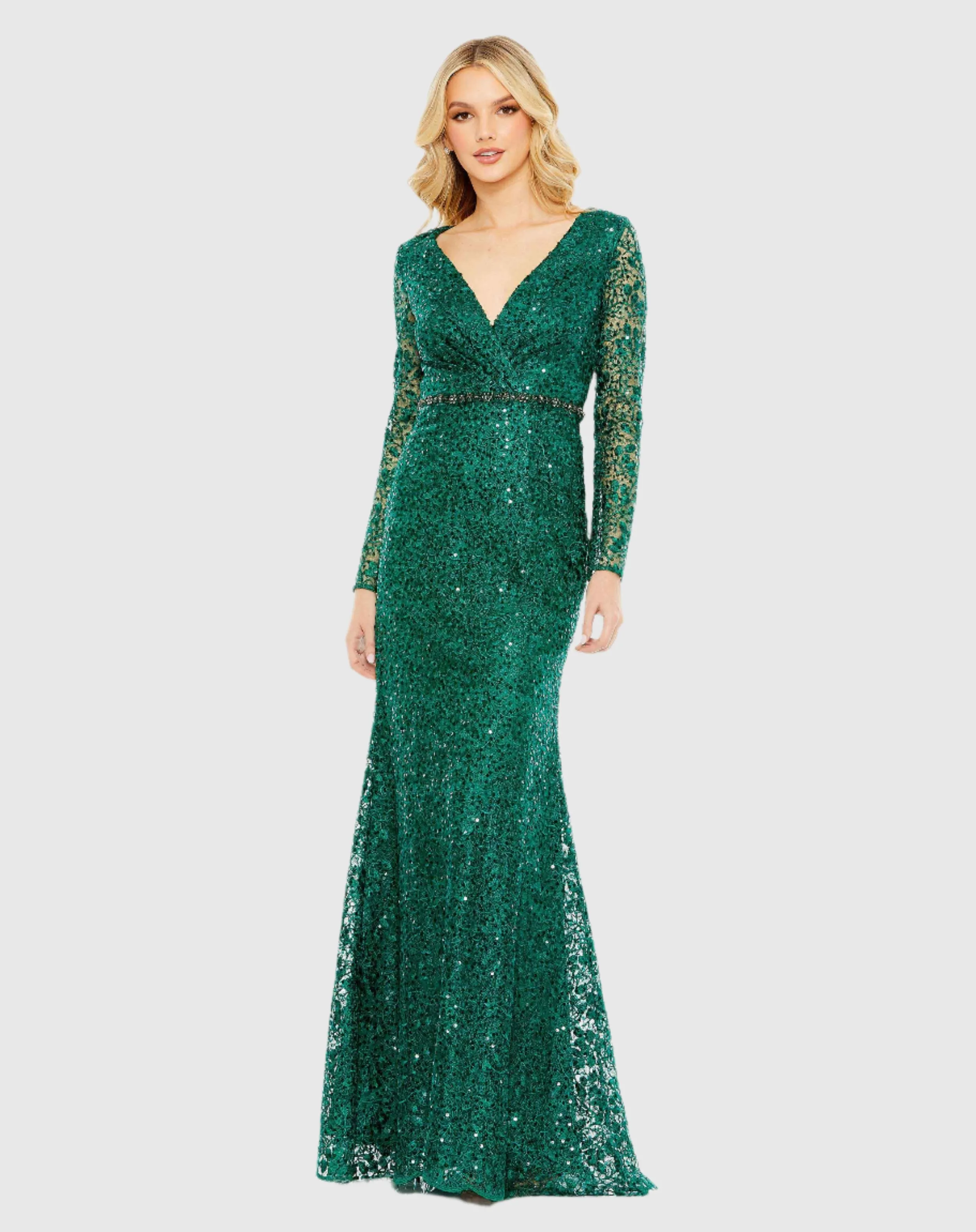Green Embellished Wrap Over Long Sleeve Gown sold by Mac Duggal
