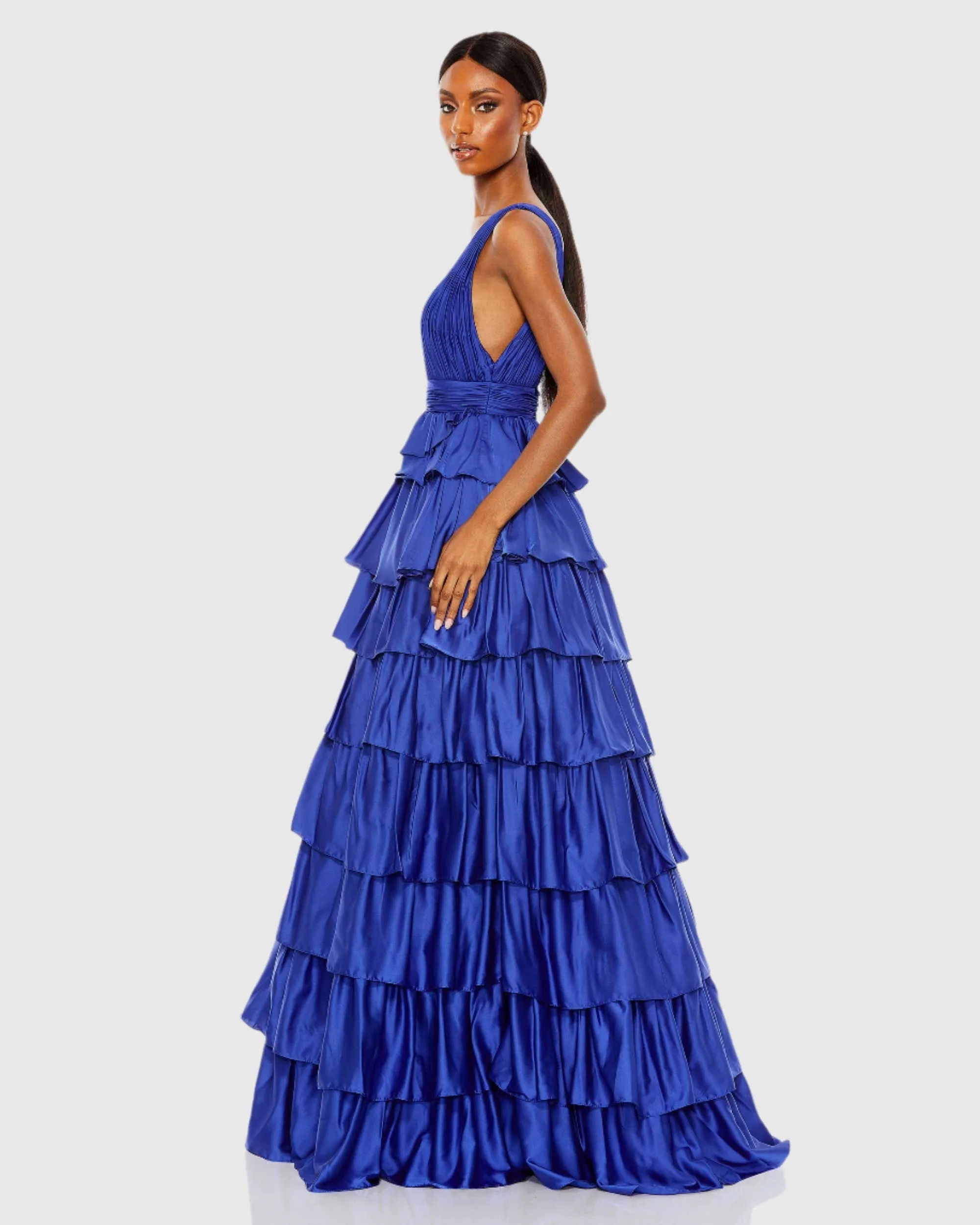 Blue Ruffle Tiered Pleated Sleeveless V Neck Gown sold by Mac Duggal product image thumbnail 3