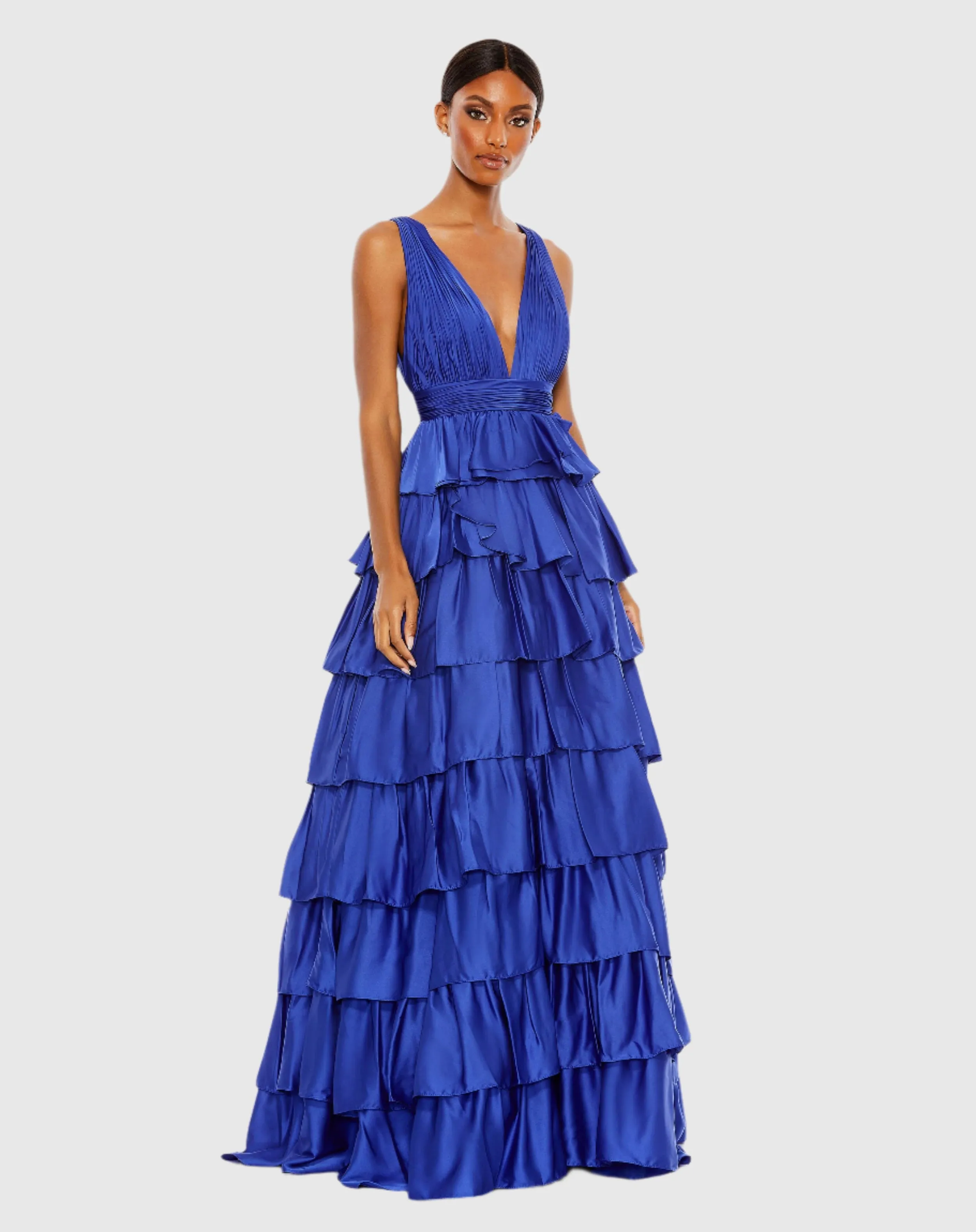 Blue Ruffle Tiered Pleated Sleeveless V Neck Gown sold by Mac Duggal