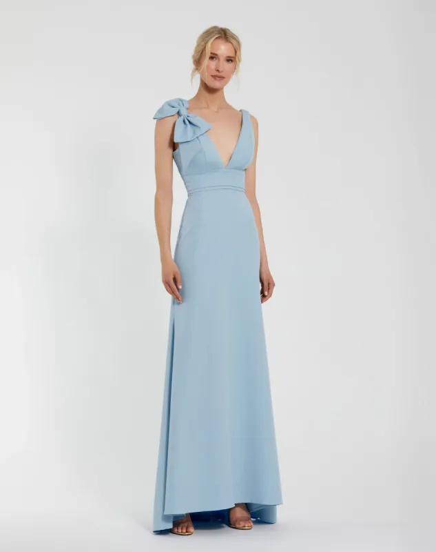 Blue Sleeveless V Neck Bow Detail Mermaid Gown sold by Mac Duggal