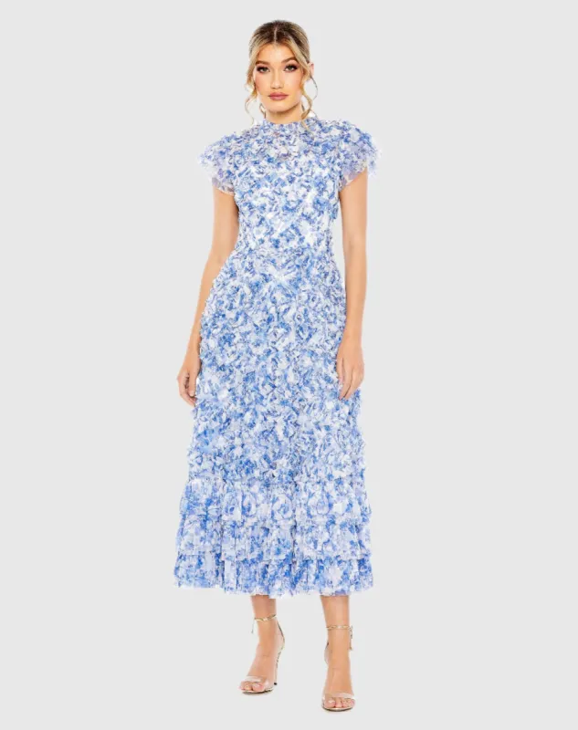 Blue High Neck Ruffle Cap Sleeve Floral Dress sold by Mac Duggal
