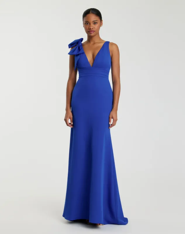 Dark Blue Sleeveless V Neck Bow Detail Mermaid Gown sold by Mac Duggal