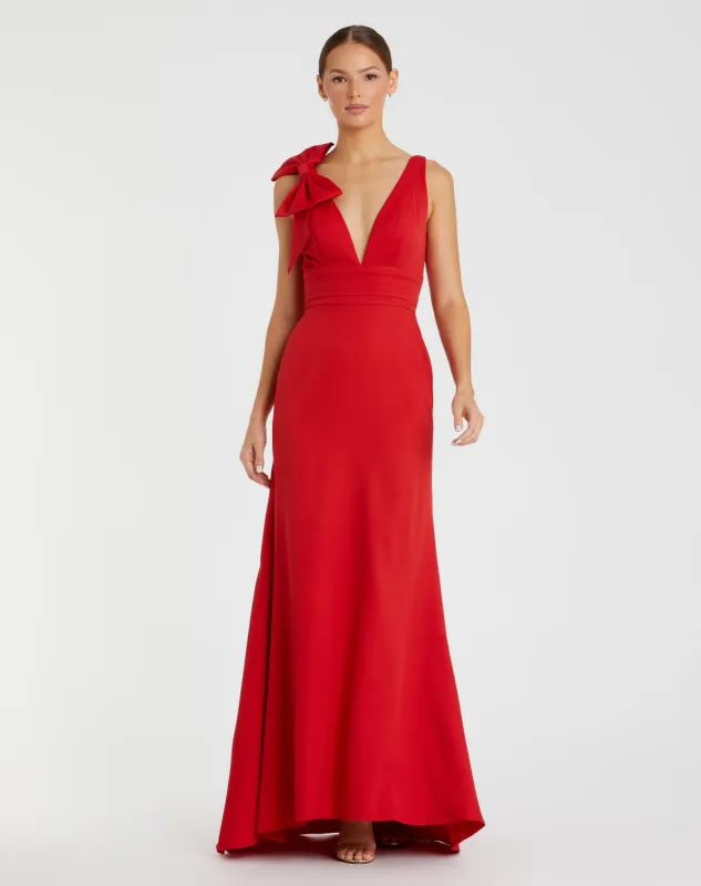 Red Sleeveless V Neck Bow Detail Mermaid Gown sold by Mac Duggal