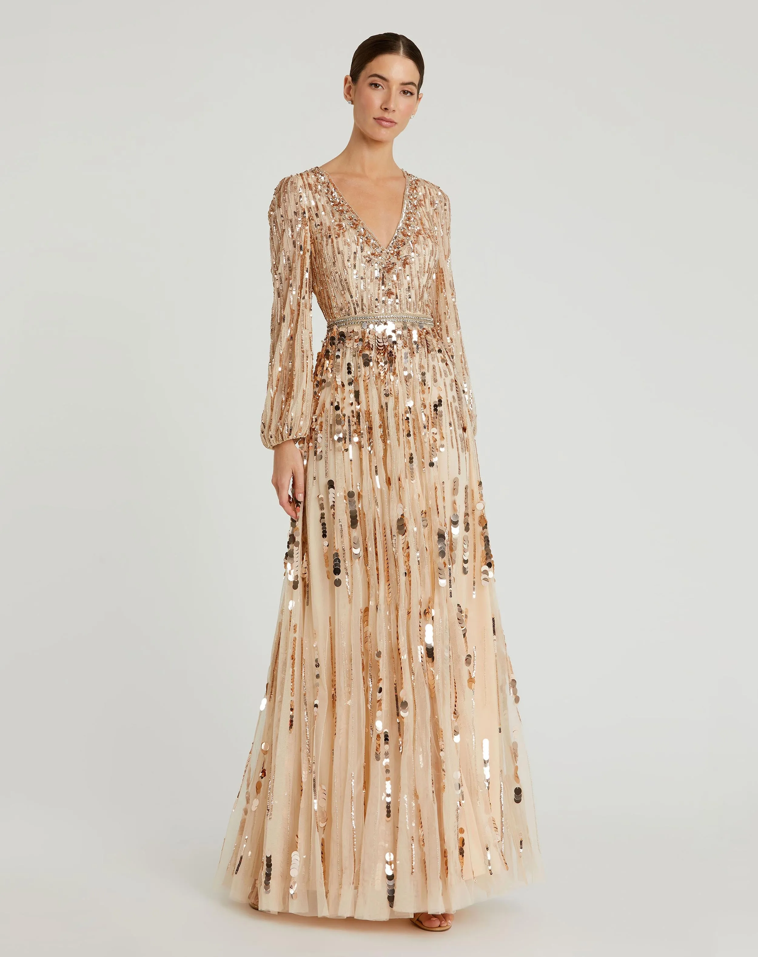 Beige Embellished Mesh Long Sleeve V Neck Gown sold by Mac Duggal