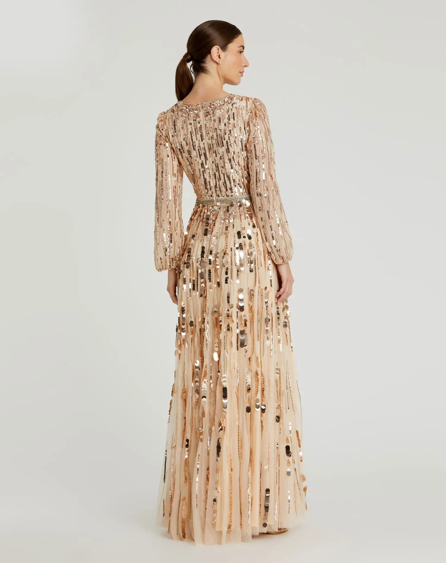 Beige Embellished Mesh Long Sleeve V Neck Gown sold by Mac Duggal product image thumbnail 3