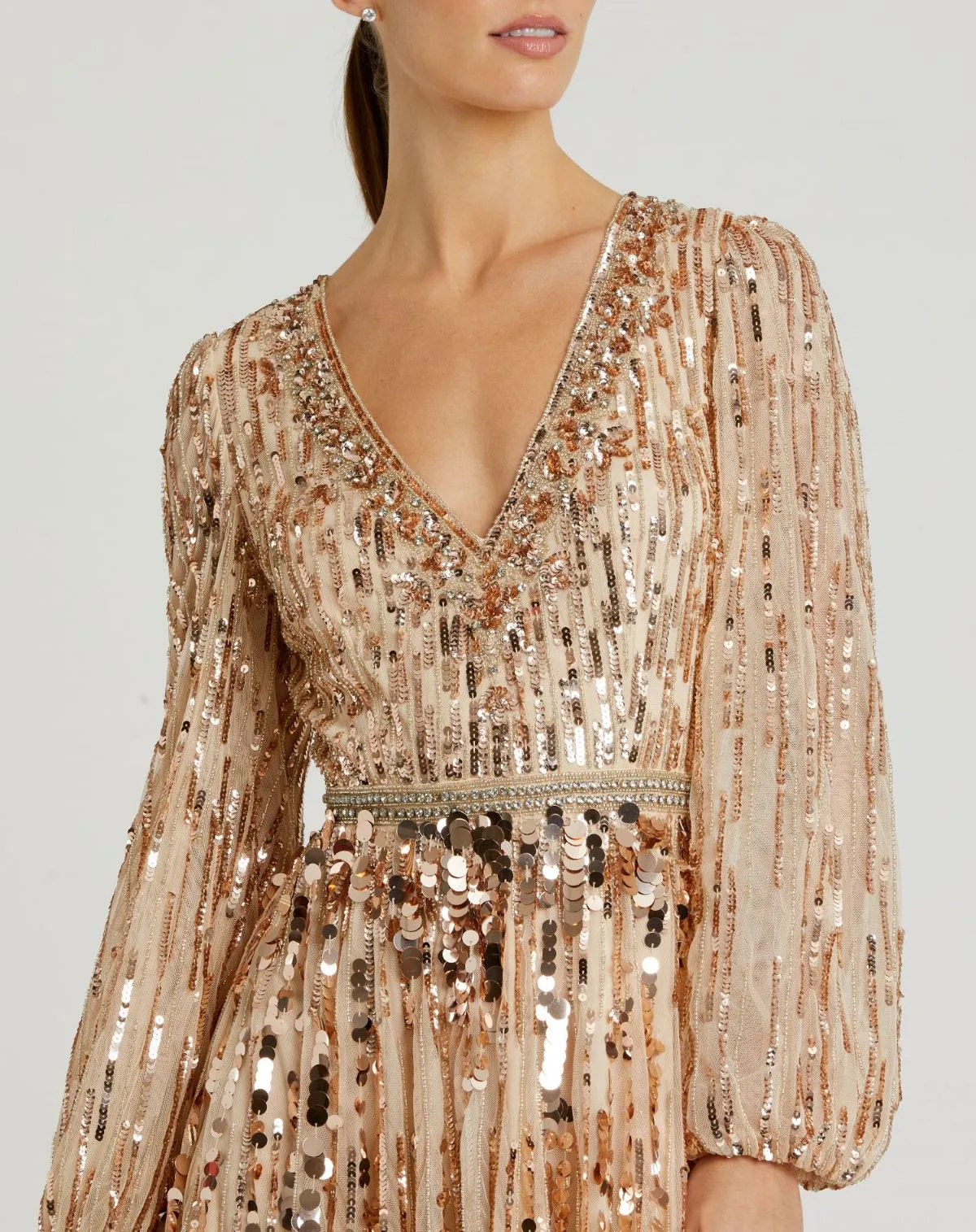 Beige Embellished Mesh Long Sleeve V Neck Gown sold by Mac Duggal product image thumbnail 2